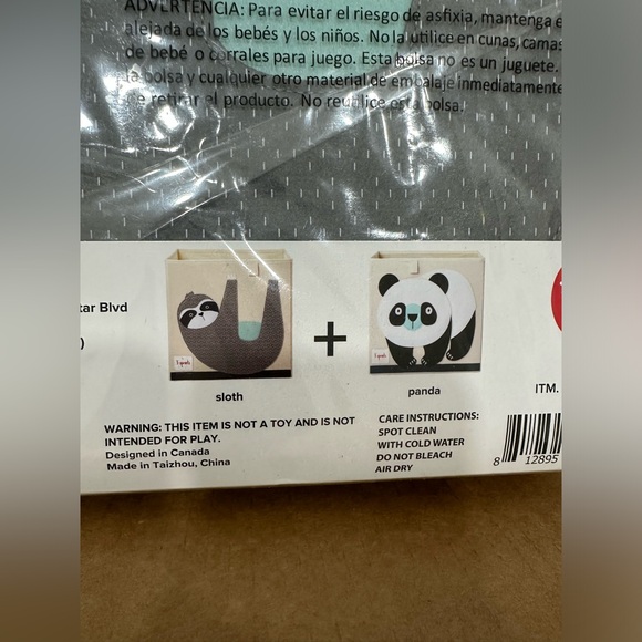 Set Of 2 - 3 Sprouts Storage Bins Sloth & Panda 13x13” Set of 2 Fabric Cubes New - Picture 2 of 3